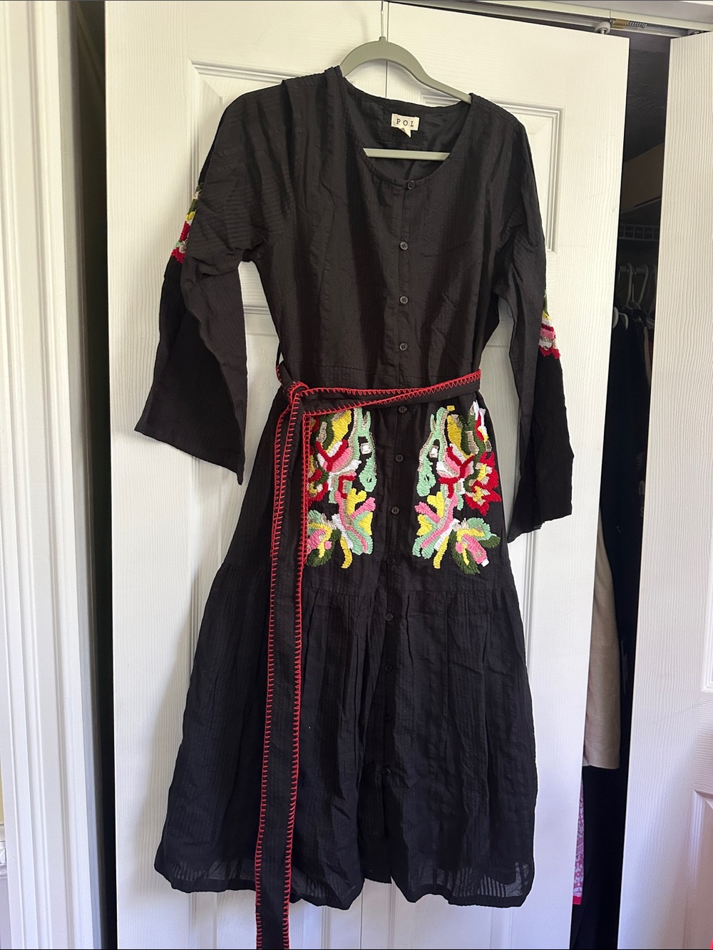 POL Black Midi Dress with Multicolor Embroidered Panels and Red Waist Tie